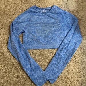 Heathered Blue long sleeve cropped athletic top with thumb holes gym top